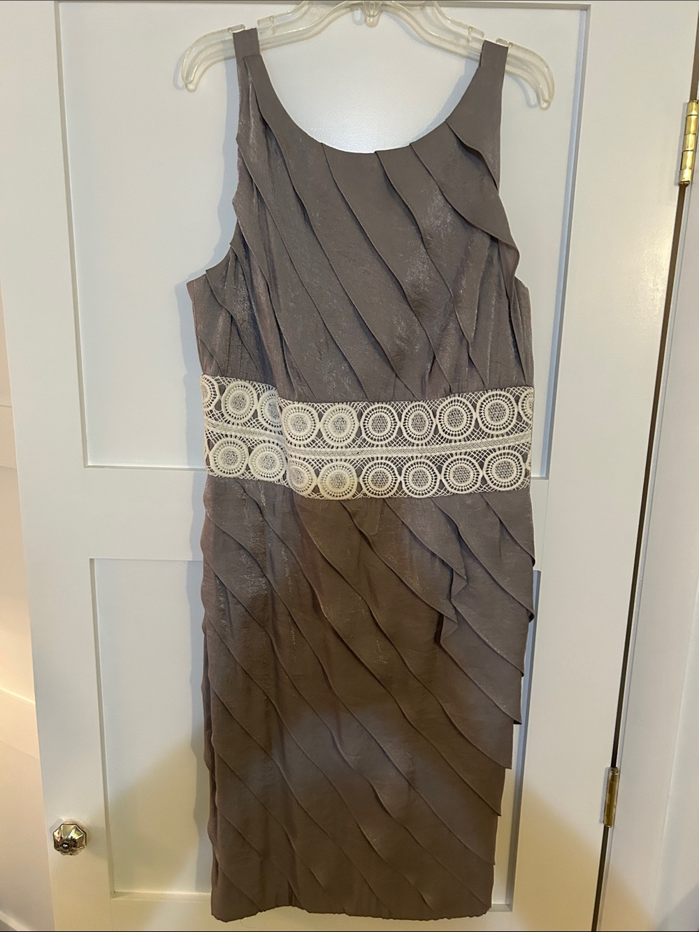 Maggy London Taupe Layered Mini Dress with Cream Lace Waistband